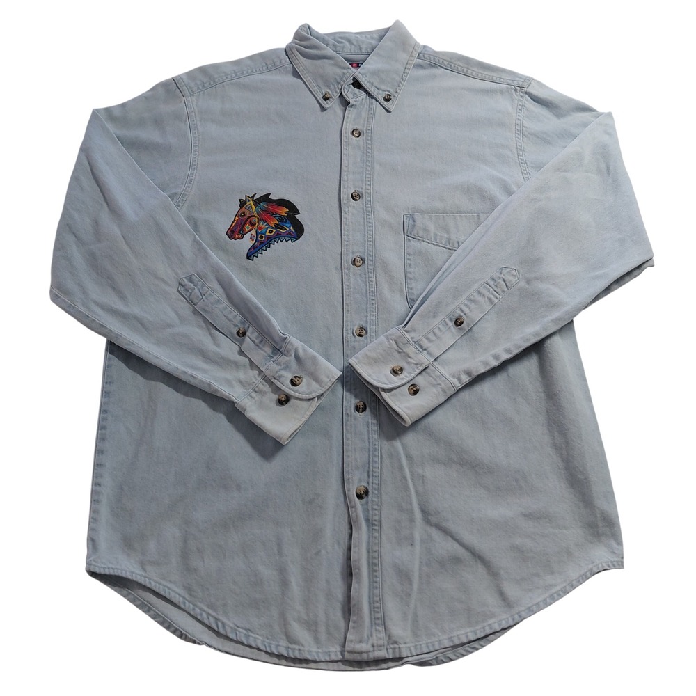 Vtg Jerzeez Button down Denim shirt S Graphic Horse Westerncore Button Blue